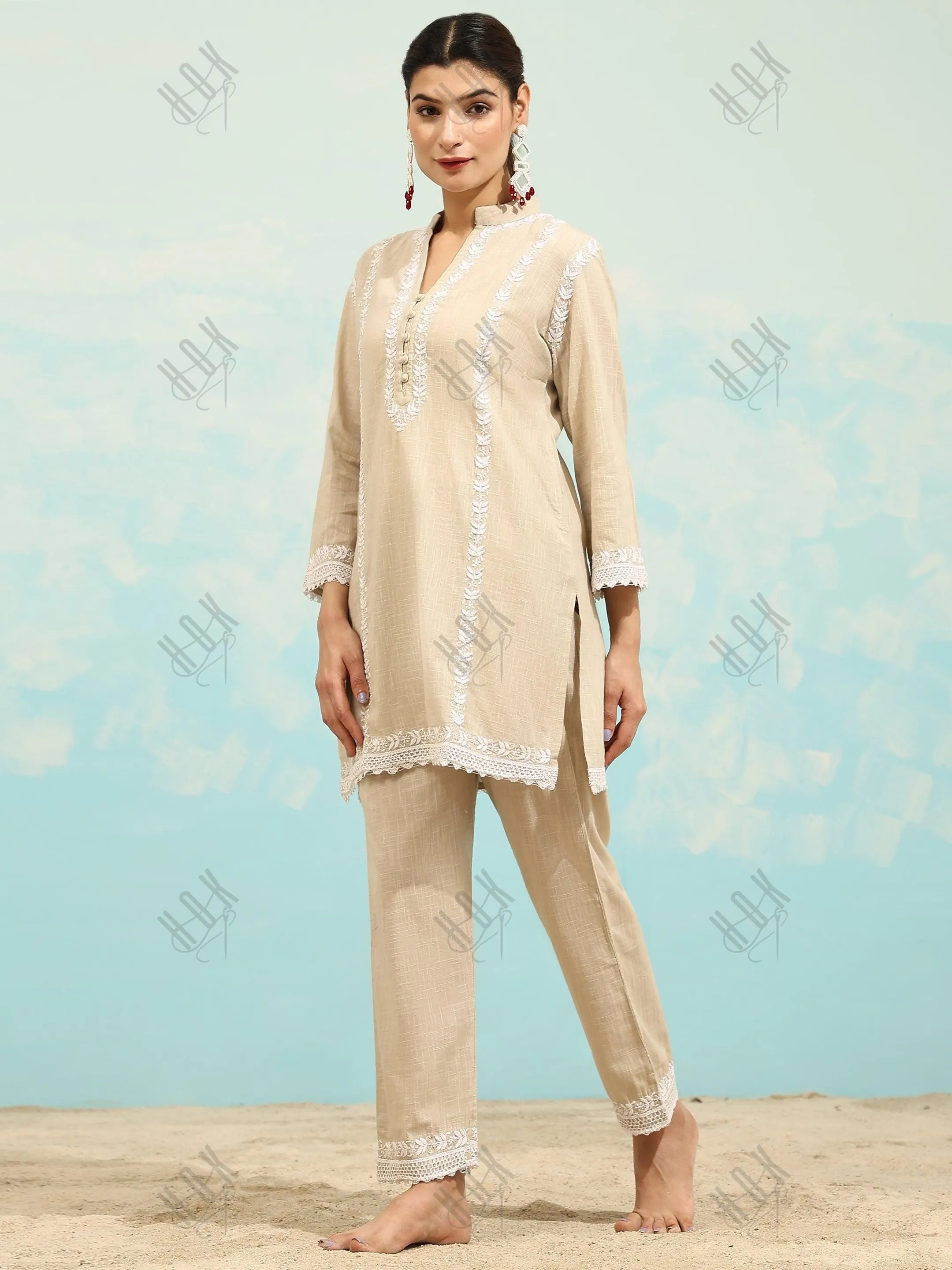 Samma Chikankari CO-ORD Set In  for Women In Beige