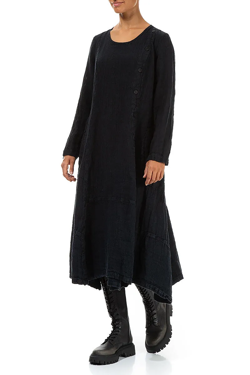 Side Buttons Midnight Blue Mélange Linen Dress