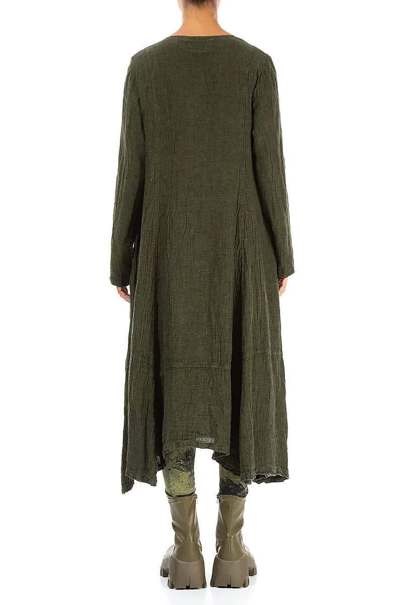 Side Buttons Olive Mélange Linen Dress