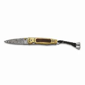 Steel 256 Layer Folding Blade Wood Inlay and Brass Engraved Handle Knife