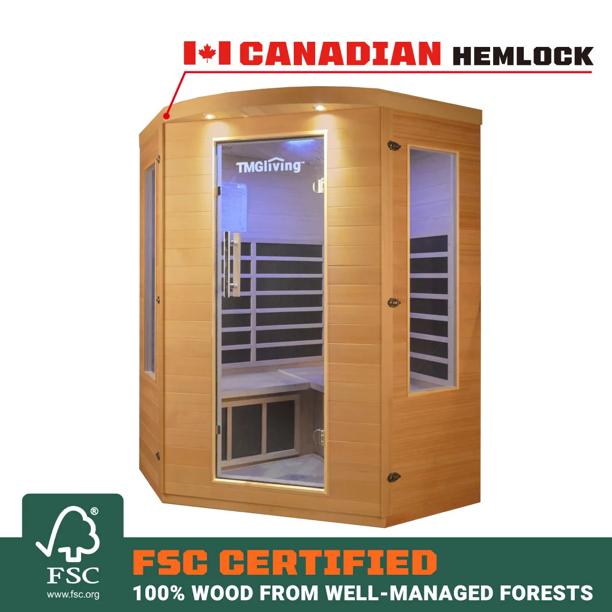 TMG LIVING 3 Person Corner Indoor FAR Infrared Sauna Room, Natural Canadian Hemlock, Bluetooth Speakers, Tempered Glass Door, TMG-LSN40