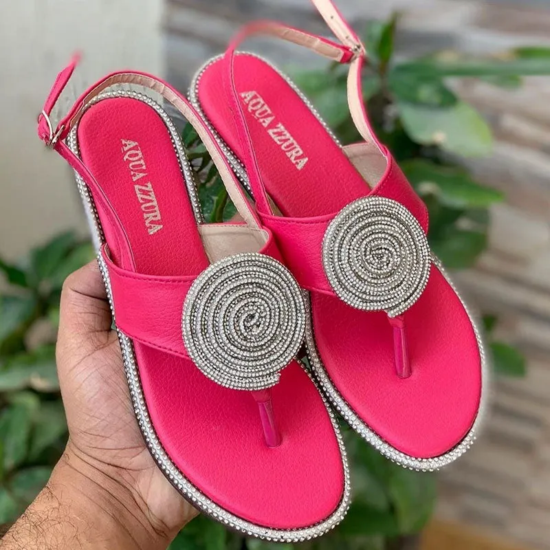 Women's Rhinestone Strap Round Buckle Flip Flops Sandals-1009